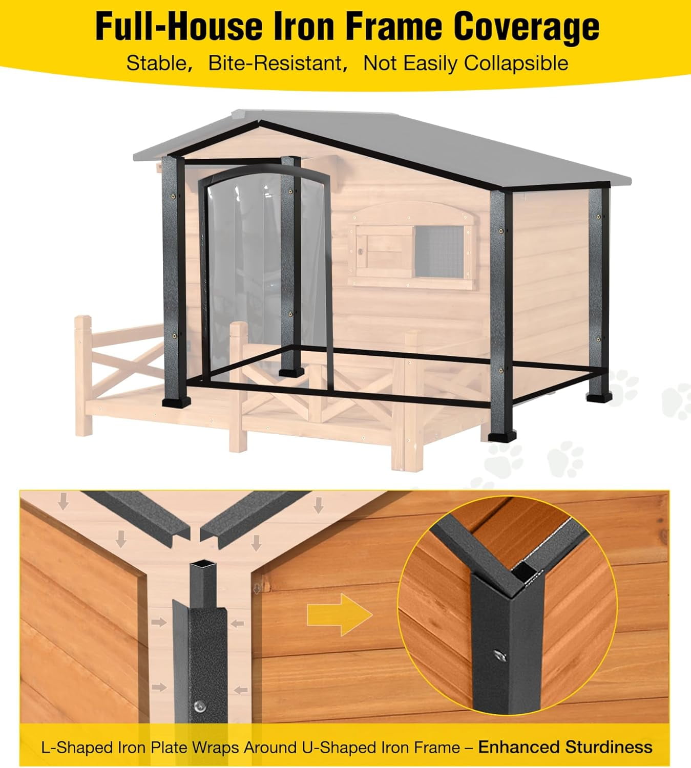 Aivituvin Dog House Outdoor with Anti-Chewing Metal Frame, Wooden Dog Kennel with Sliding Window, Detachable Floor, Weatherproof Roof - Natural