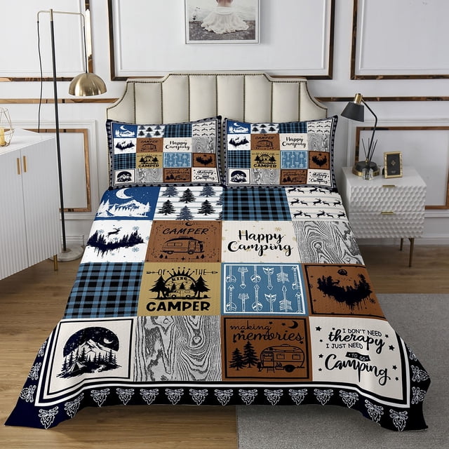 YST Kids Rv Camper Quilt Bedding Set Queen,Happy Camping Themed Bedspread for Bunks Travel Trailers,Rustic Cabin Camper Quilts Set Woodland Bedroom Decor,Patchwork Checkered Coverlet Set