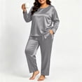 thumbnail image 6 of vdgthytj Plus Size Loungewear Sets for Women Satin Long Sleeve Crewneck Tops Straight Leg Pants Fall Sleepwear 2 Piece Outfits(X-Large,Gray), 6 of 9
