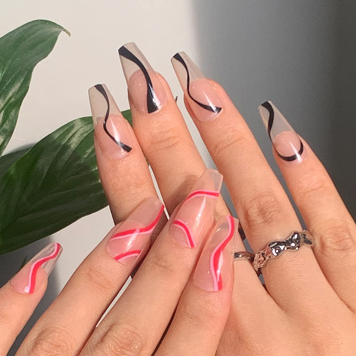 Long Press on Nails, Glossy Coffin Fake Nails, Black and Pink Stripe Line  Stick on Nails, Ballerina Artficial Full Cover Artificial Finger Manicure  with Glue for Daily Use 24Pcs 