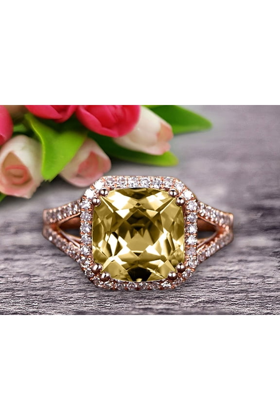Split Shank 2.05 Carat Champagne Diamond Moissanite Engagement Ring On 10k Rose Gold Anniversary Ring HALO 7mm Cushion Cut