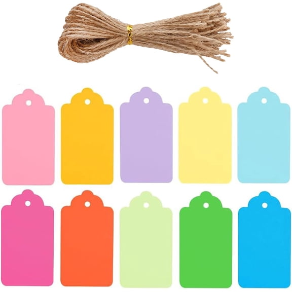 100 Pcs Gift Tags with String, Small Price Tag, Decorative Paper Tags for Gifts, Hanging Labels for DIY Gift Box, Wedding Name, Birthday Presents, 10 Assorted Colours for Wrapping and Personalis