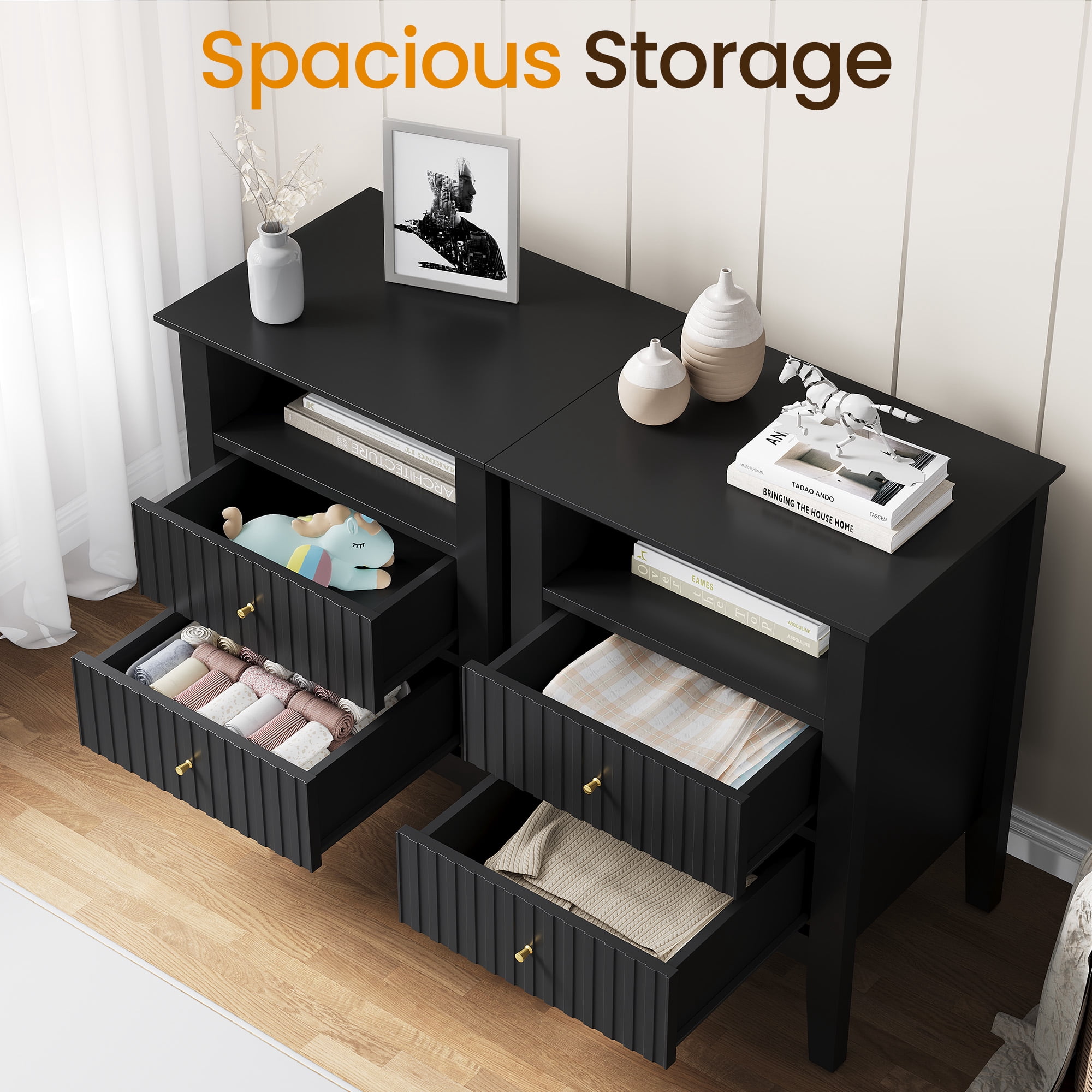 Heynemo Black Fluted Nightstand with 2 Drawers Set of 2, Modern Wooden Sofa Table for Small Spaces, Tall End Table for Bedroom, Living Room
