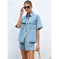 thumbnail image 4 of Women'S Denim 2 Piece Outfits Short Sleeve Button Down Shirt Drawstring Shorts Set Casual Jean Outfits Light Blue XL, 4 of 9