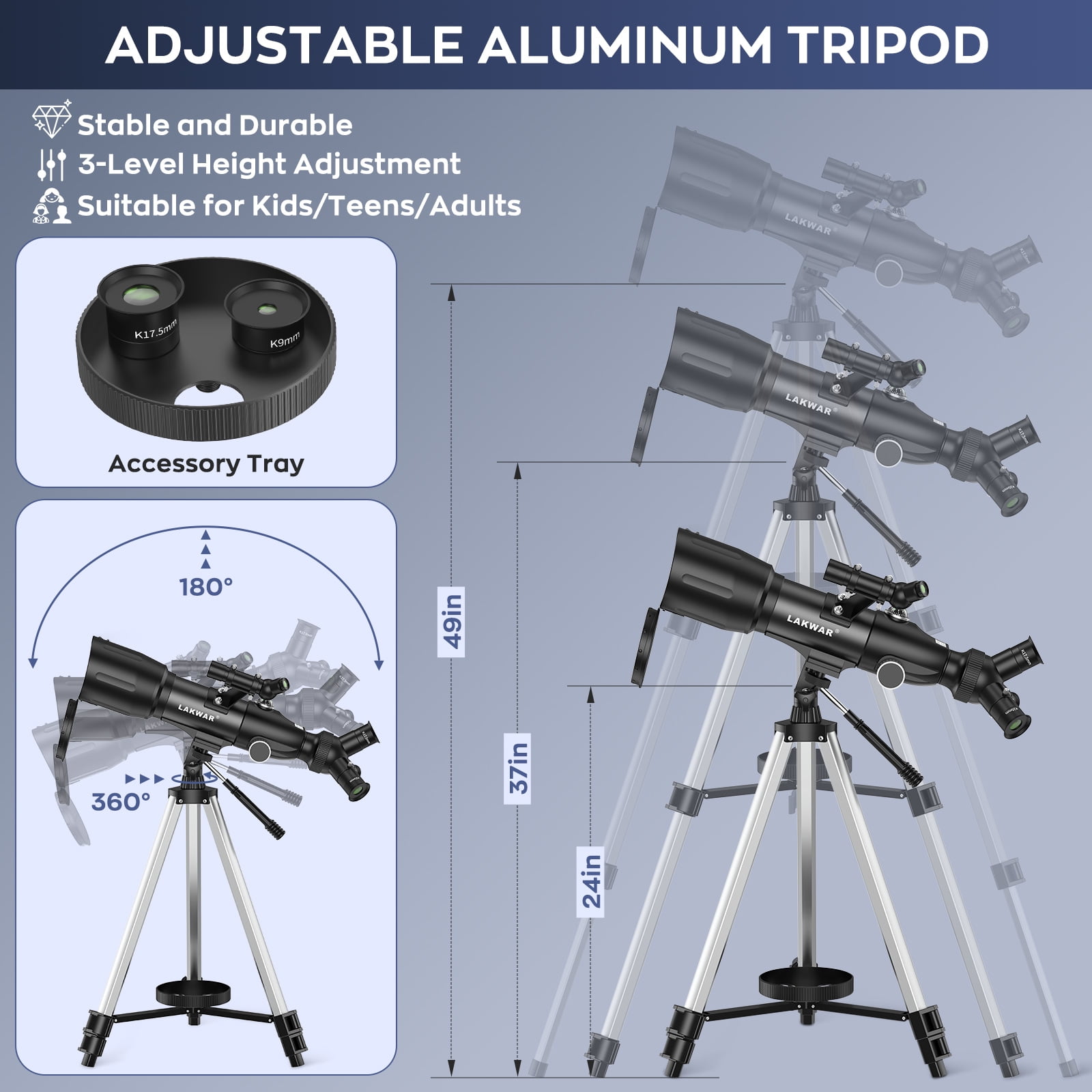 Telescopes for Astronomy Adults, LAKWAR 70mm Aperture High Powered Refracting Telescope Beginners, Portable Telescope with 49in Tripod for Planets and Stars