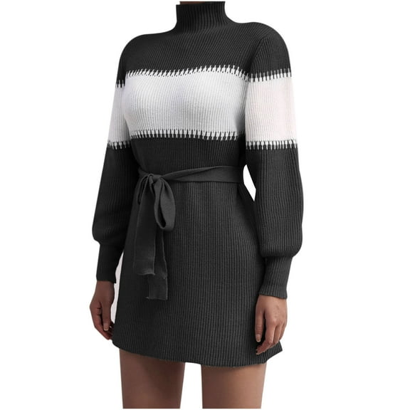 Bigersell Gowns and Evening Dresses Women Short Sleeve Casual Loose Stripe Splicing Sweater Knit Dress Dress for Wedding Guest Female Regular Bodycon Dresses, Style 28784, Black S