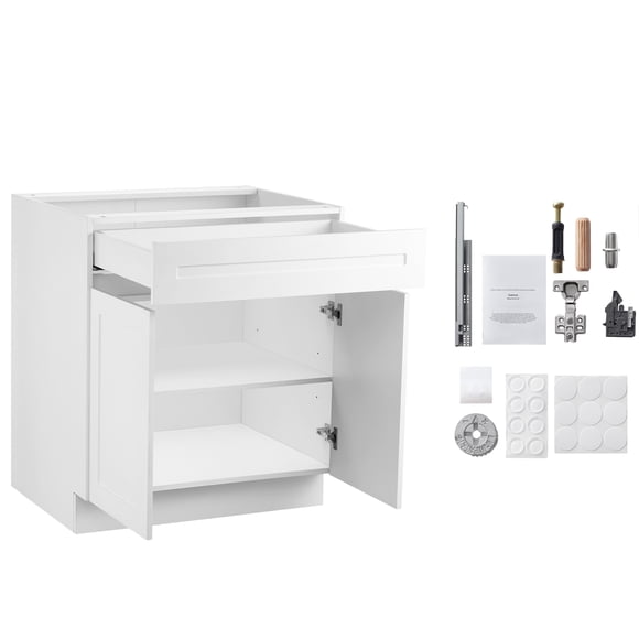 KFFKFF White Shaker Base Cabinet with Drawer, 36-Inch Unassembled Drawer Base Cabinet, 36" W x 24" D x 34.5" H Ready to Assemble Cabinet with Soft-Close Doors and Adjustable Shelf, for Home Office
