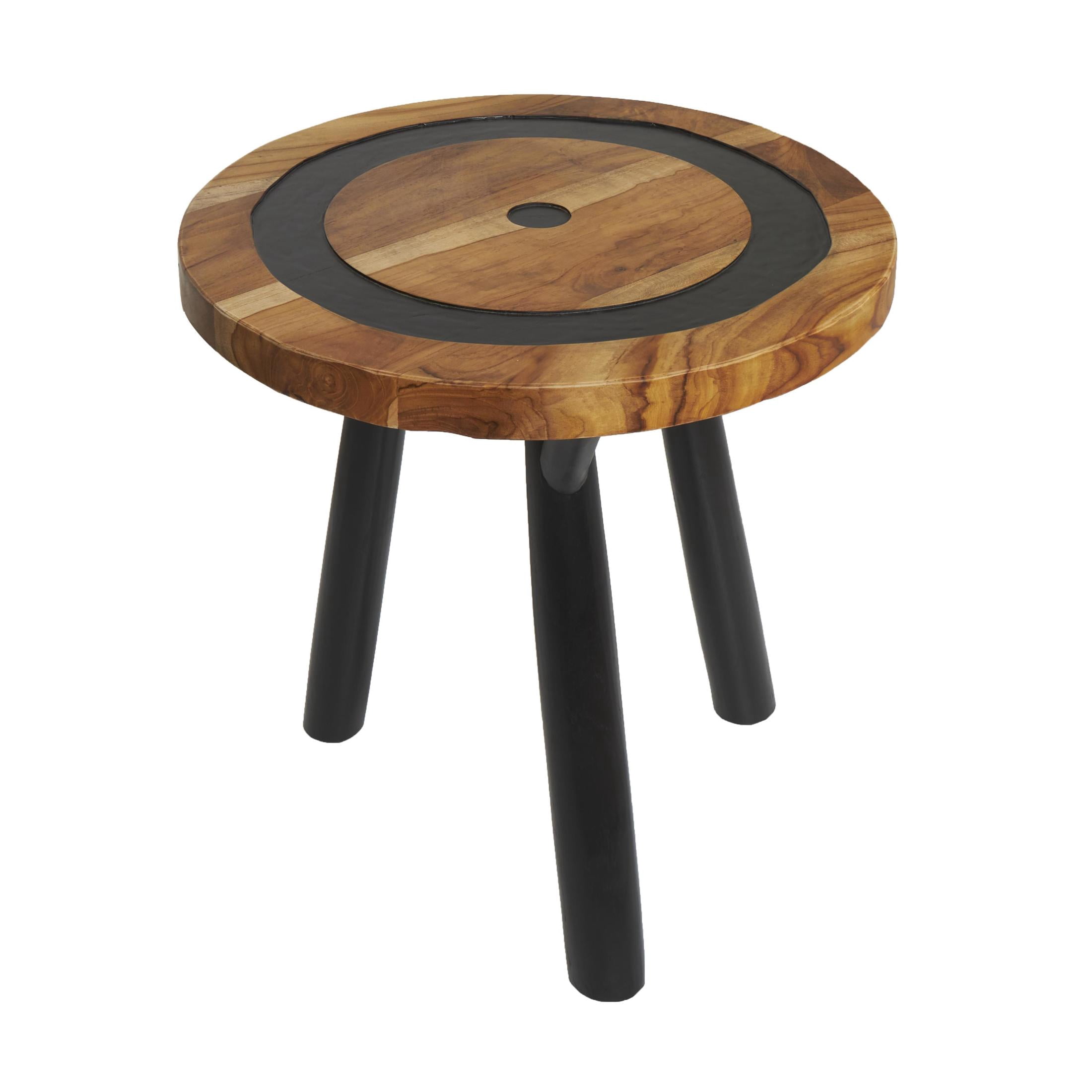 DecMode 20" x 22" Brown Teak Wood Layered Circle Geometric Accent Table with Black Legs, 1-Piece