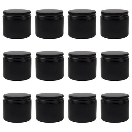 Cornucopia Brands 2-Ounce Black Coated Glass Jars (12-Pack); Cosmetic Jars w/ Black Metal Lids and Black Matte Exterior