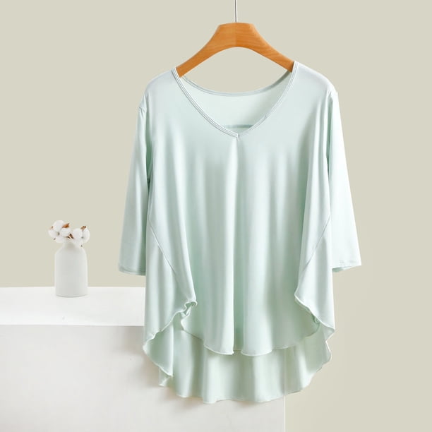 Blusa de pijama de manga larga para mujer, cuello en V, mangas 3/4, suelta, color liso, para estar en casa, blusa de pijama, blusa modal para mujer