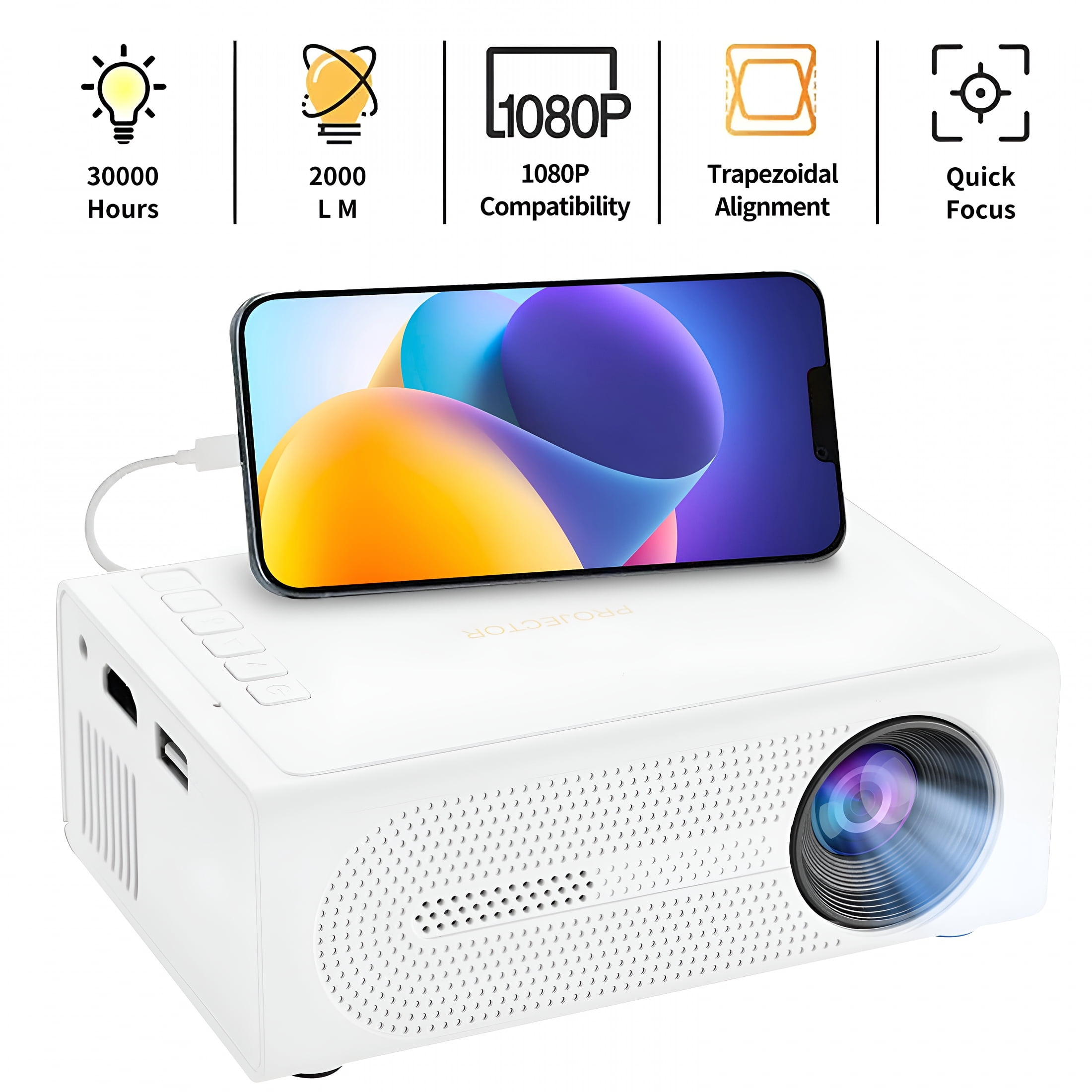 GJX 2026 New Portable Mini Led Projector – 1080P Hd Decoding,24-100 Inch Projection,Hd Display Interface/Usb/Audio Connectivity,Built-In Speaker,30,000