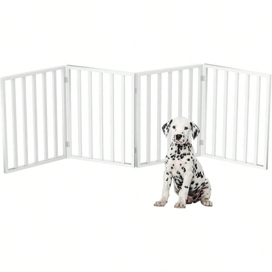 Pet Gate - 4-Panel Indoor Foldable Dog Fence for Stairs Hallways or Doorways - 72x24-Inch Retractable Wood Freestanding Dog Gates by White