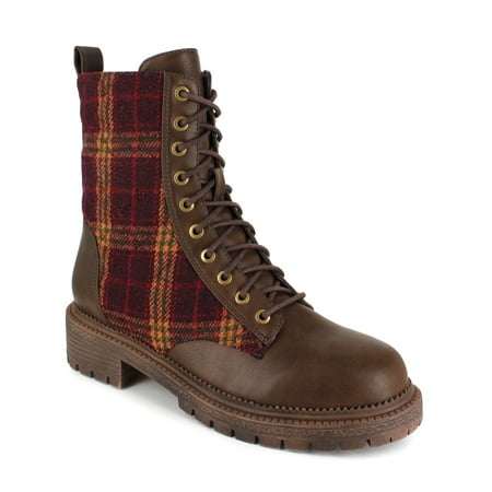 

Rock &Candy Womens Brown Plaid Side Zip Quilted Round Toe Stacked Heel Lace-Up Combat Boots 10