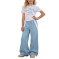 thumbnail image 2 of Big Girls Pants Set Outfits Set Short Sleeve Matching Sets Girls Casual Outfit Tee With Letter Print And Relaxed Straight Leg Cargo Pants Two Piece Playwear Combo Clothes Set Blue 10-11 Years, 2 of 9