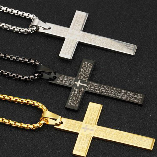 Stainless Steel Bible Scriptures Gold Tone Cross Pendant Smooth Box Necklace 11L 