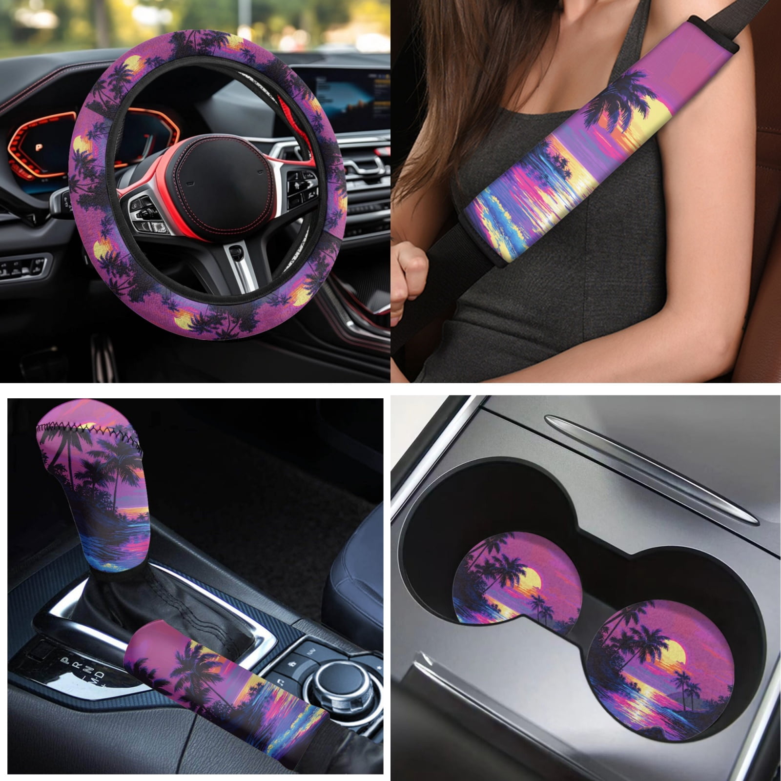 Yuyamidu Purple Sunset Car Seat Covers Full Set of 15 Seaside Steering Wheel Cover Seat Belt Cover Car Floor Mats Gear Shift Cover Cup Coasters, Easy to Install