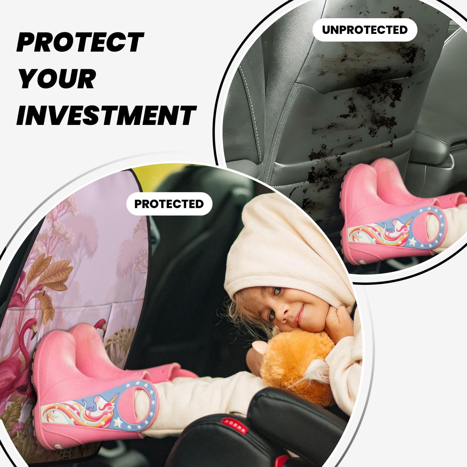 Kdxio Flamingos In The Tropical Forest Print 2 Pack Car Kick Mat Seat Cover Back Protector Mat with Pockets for Organizer Backseat Protector and Storage Anti Kick Pad for Vehicles