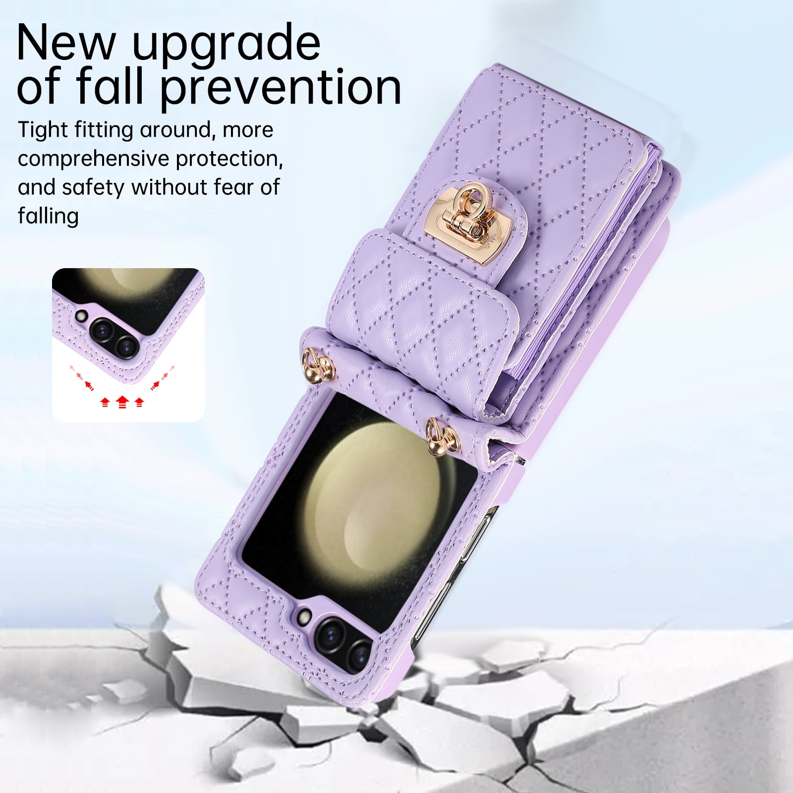 Decase For Samsung Galaxy Z Flip 5 5G Leather Wallet Case, PU Leather Shockproof Case with Crossbody Strap, Back Built in Stand Wallet Credit Card Holder Slots Phone Cover,Purple