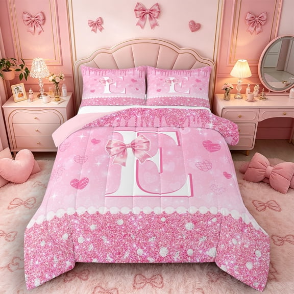 Castle Fairy Pink Glitter Letter E Queen Comforter Set 3pcs for Girls,Sparkle Pattern Bedding Comforter Set,Pink Reversible