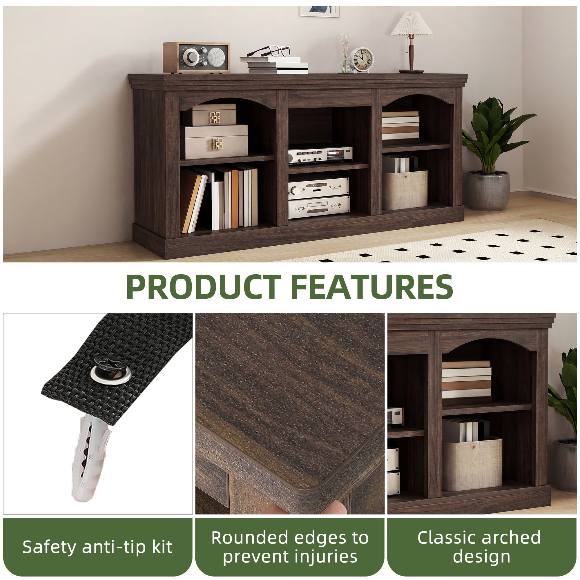 Uforic 59" Washed Grey Farmhouse TV Stand, Adjustable Shelf Entertainment Center for 65 Inch TVs for Living Room, Black