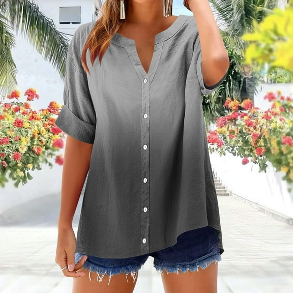 IROINNID Women's V-Neck Short Sleeve Printed T-Shirt Summer Button Casual Tops Loose Fits Non-Positioning Beach Tee(Black,XL)