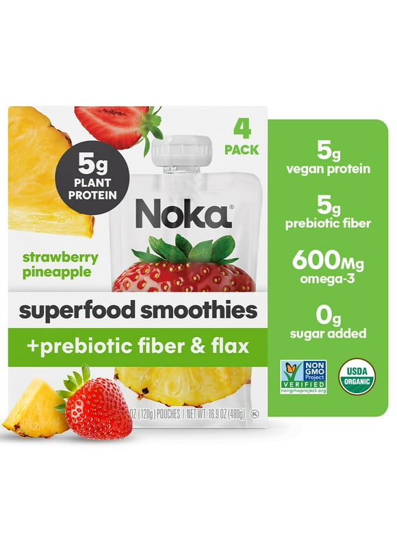 Noka Organic Strawberry Pineapple Smoothie, 4.22 oz Fruit Pouches, 4 Count Smoothie Drinks