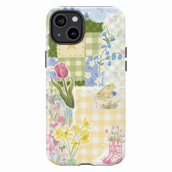 Spring Gingham Patchwork Phone Case, Cute Frog & Tulip Floral Quilt Design, Protective Cover for iPhone 17 16 15 14 13 12 11 Pro Max Mini