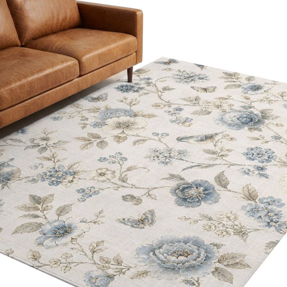 Vintage Floral Area Rug 5x8ft Country Rustic Gold Blue Flowers Leaf Bird Butterfly Non-Slip Washable Rectangle Rugs Soft Felt Indoor Floor Mat for Bedroom Kitchen Living Room Bathroom