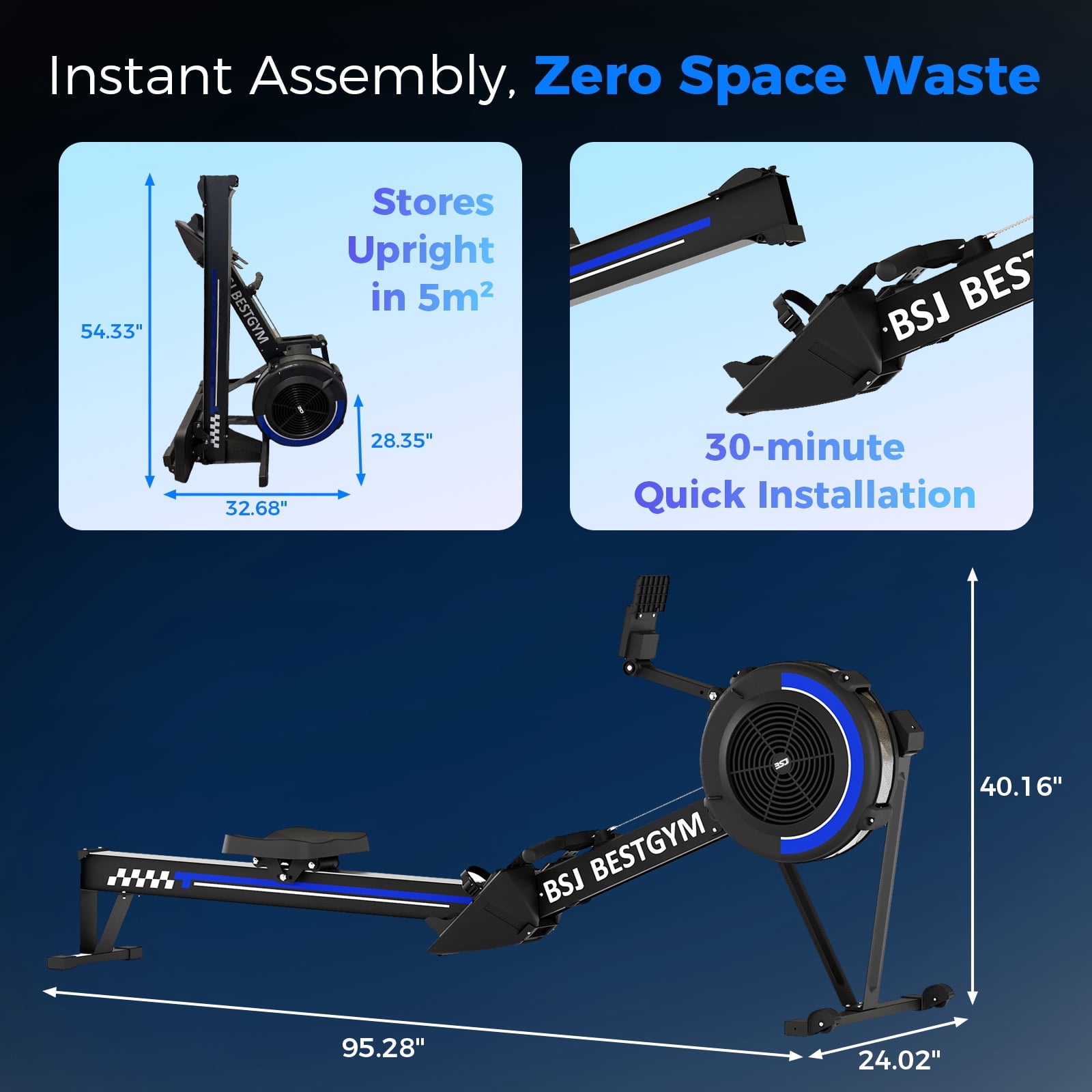 Rowing Machines for Home,  Adjustable Air Resistance Rower Machine with Extra Long Rail, Ergonomic Comfort Seat, Device Holder, Easy Storage