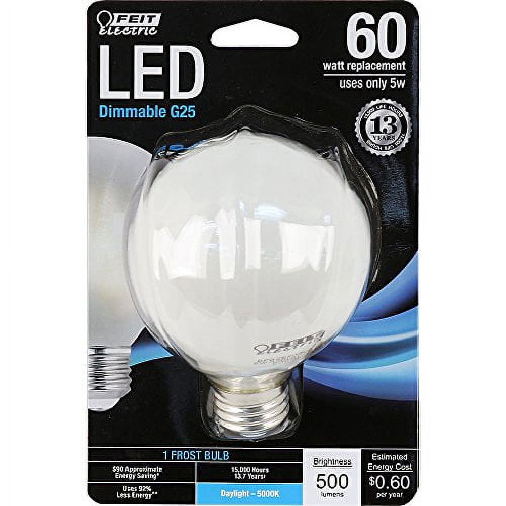 Feit Electric BPG2560/F/850/LED Decorative Frost Glass Filament LED Dimmable 60W Equivalent Daylight G25 Globe Light Bulb, White, "4.3""h x 3.1""d"
