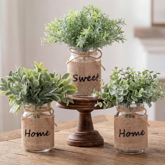 Guvpev 3 Pcs Farmhouse Mason Jar Centerpiece with Fake Plants, "Home Sweet Home" Burlap Wrapped Glass Vases, Small Artificial Eucalyptus & Rosemary for Bathroom, Kitchen & Shelf Decor