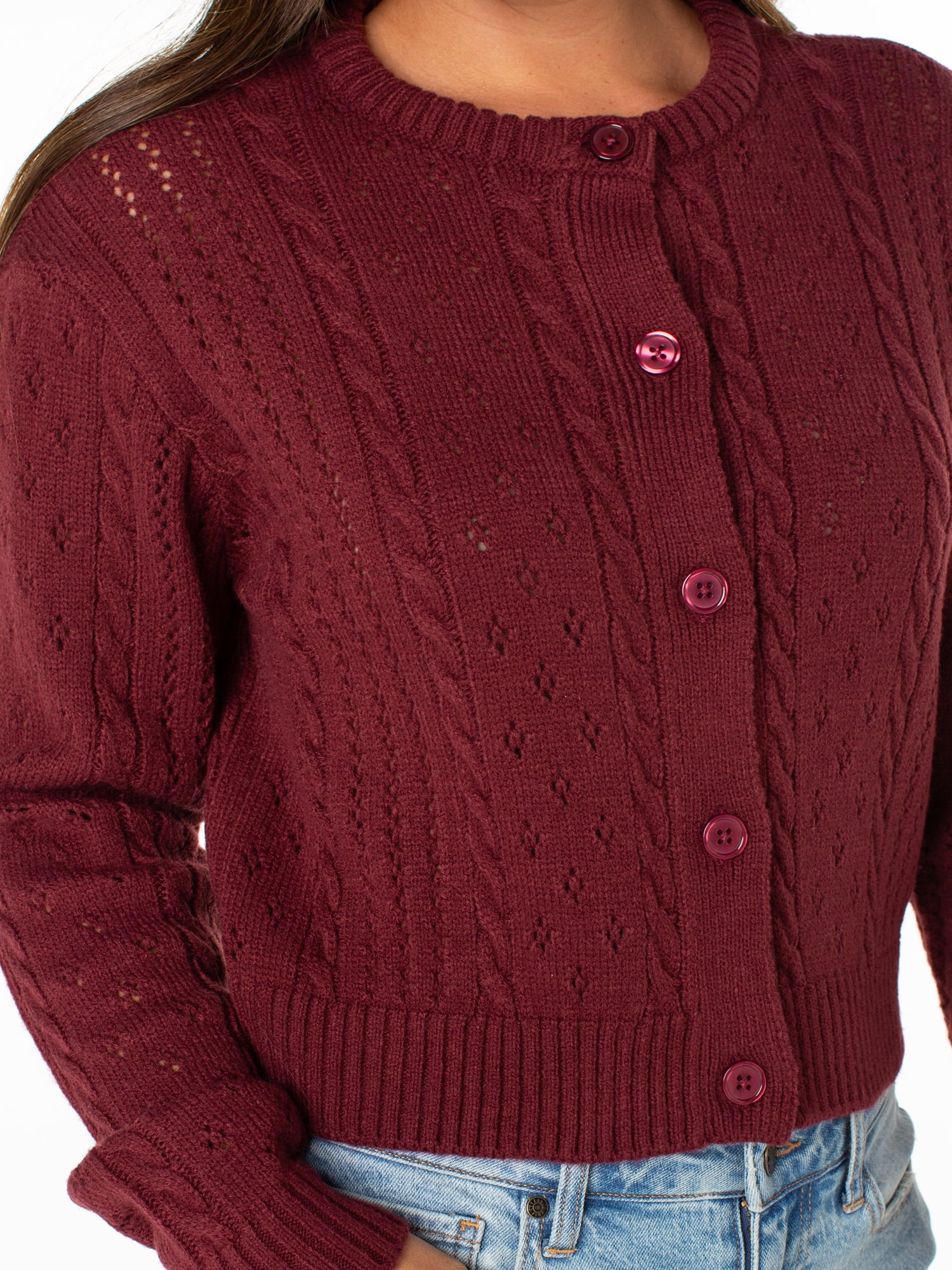 Celebrity Pink Women's Pointelle Crewneck Cardigan Sweater, Sizes XS-XXXL