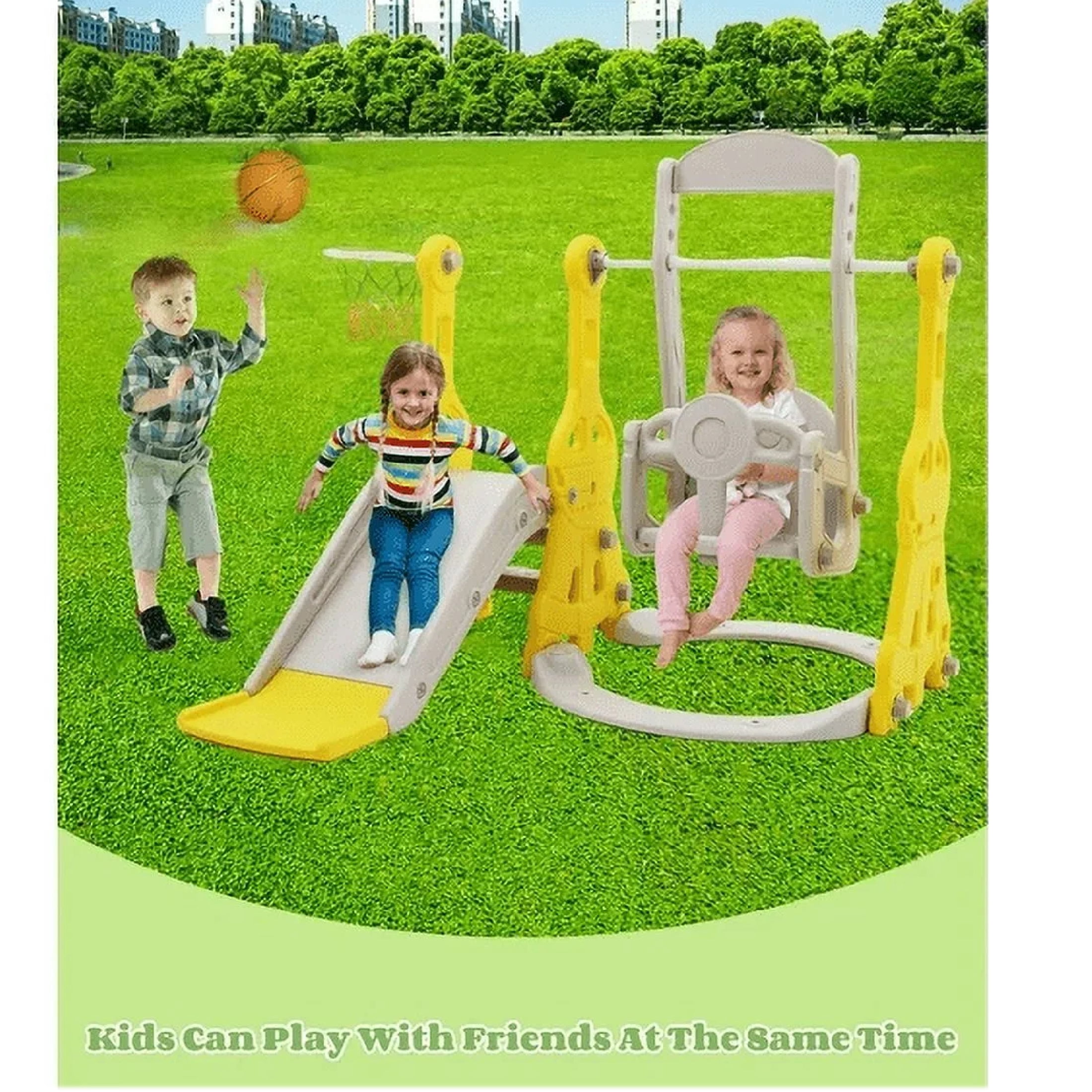 Ealing 4 in 1 Slide and Swing Set for Toddler Age 1–2 Indoor Outdoor Baby Swing Toys Playset with Climber Basketball Hoop, Yellow