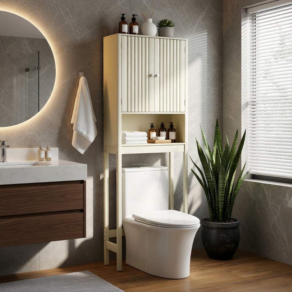 Hommoo Over-the-Toilet Storage Cabinet with Fluted Beige Doors, Adjustable Shelves & Bottom Bar, MDF Bathroom Organizer for Small Spaces, Beige