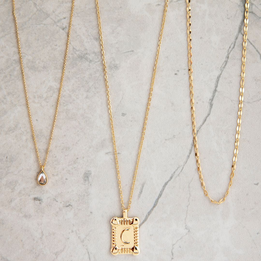 Seren Jewelry Initial Letter "C" Gold Pendant Necklace Set for Women, Delicate Gold-tone Layered Monogram Necklaces, 3 Pieces