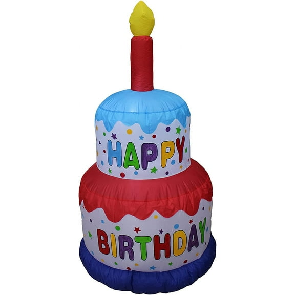 4 Foot Tall Happy Birthday Cake Inflatable with Candle LED Lights Lighted Blowup Party Decoration for Outdoor Indoor Home Celebration Garden Yard Prop