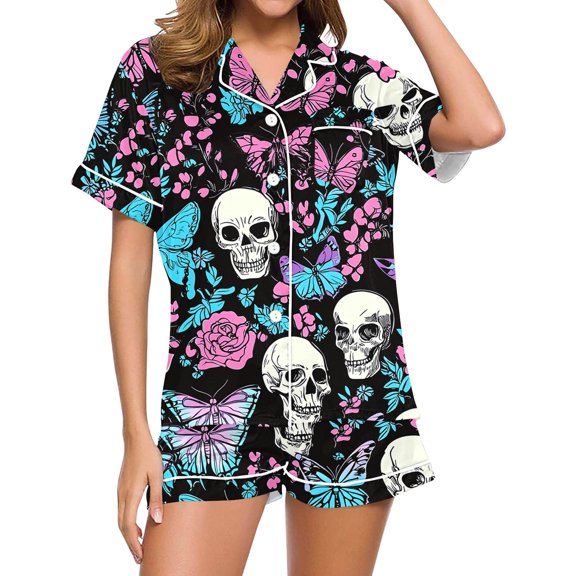 Bzdzmqm Women Halloween 2 Piece Sets Print Short Sleeve Round Neck Casual Outfits Breathable Cool Shorts Lounge Set, White S