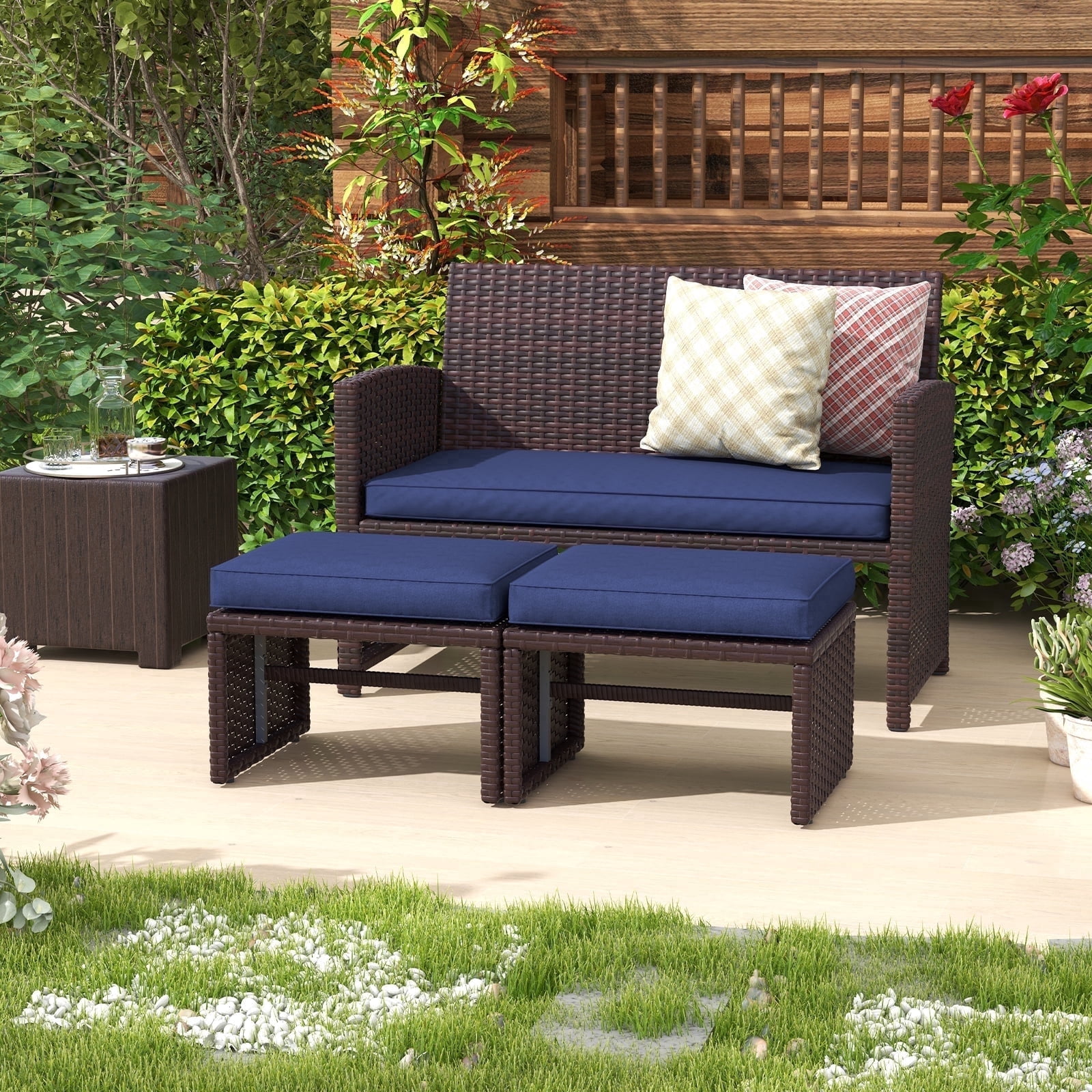 JOIVI 3 Piece Patio Furniture Set, Outdoor Loveseat Patio Furniture RattanSet with Ottoman, Brown Rattan, Navy Blue Cushion