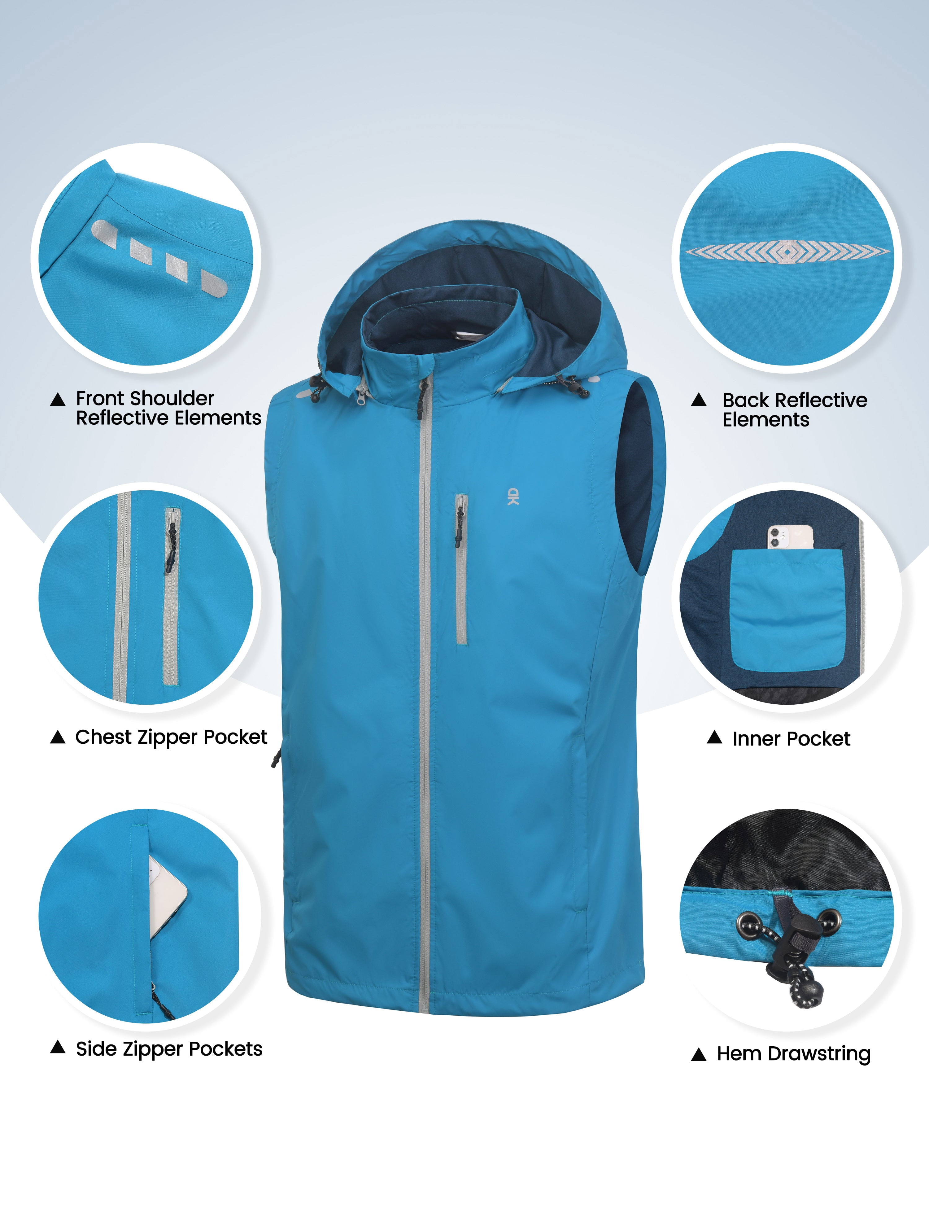 Little Donkey Andy Men's Lightweight Softshell Vest Detachable Hood Windproof Golf Sleeveless Jacket for Hiking Running Blue L