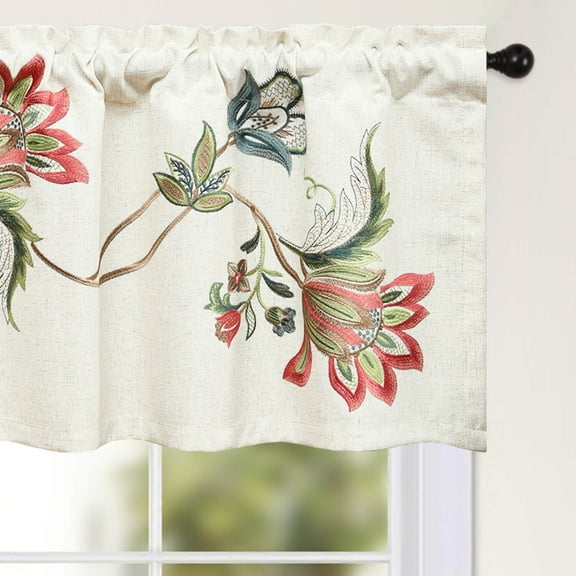 VOGOL Vintage Linen Valances, Floral Embroidered Light Filtering Curtains for Dining Room, W52'' x L18'', One Panel, Red, Rod Pocket
