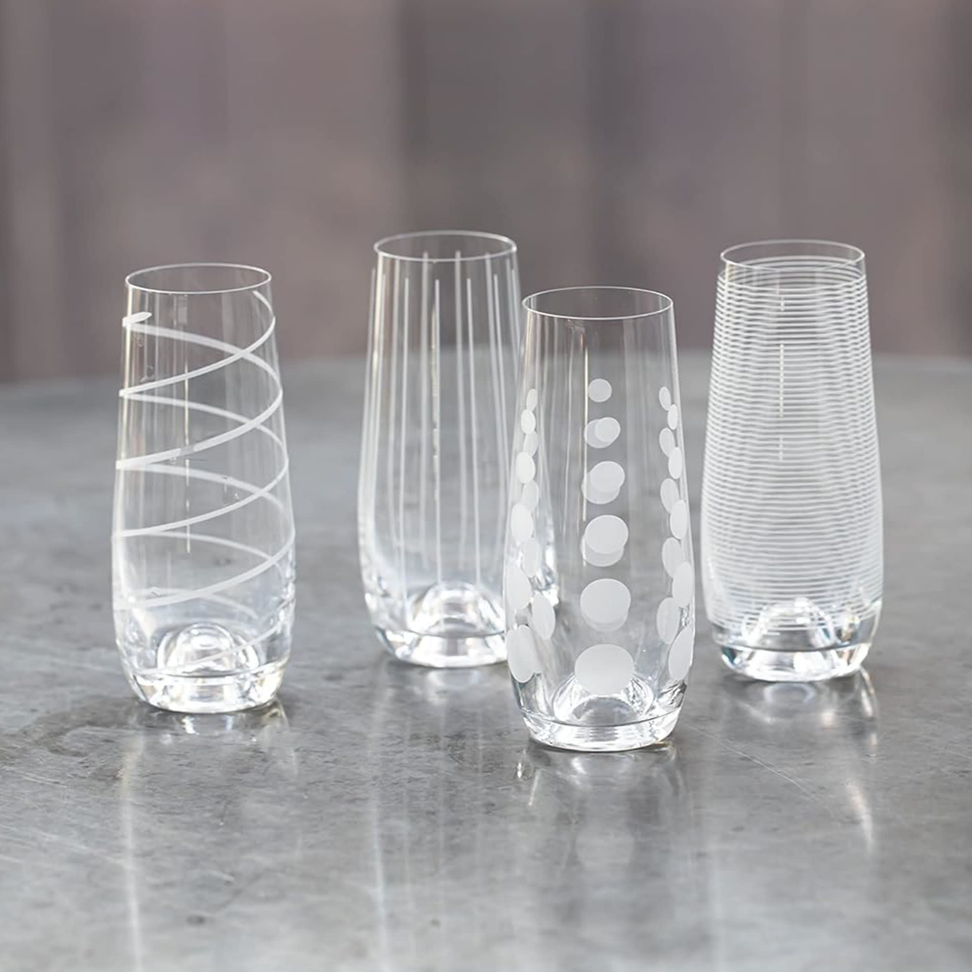 Mikasa Cheers Stemless Flutes, Set of 4 - 7.5 Oz Crystal Champagne Glasses with Playful Dot, Line & Swirl Designs - Unique Toasting Glassware for Sparkling Wine & Cocktails, Lead-Free