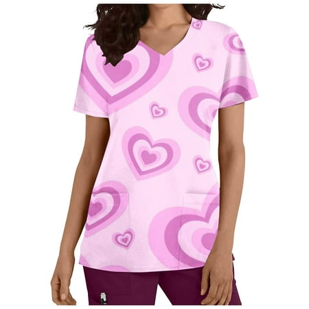 

YWDJ Valentine s Day Scrub Tops for Women Graphic Tees Trendy Hearts Print with V Neck Short Sleeve Purple XXL