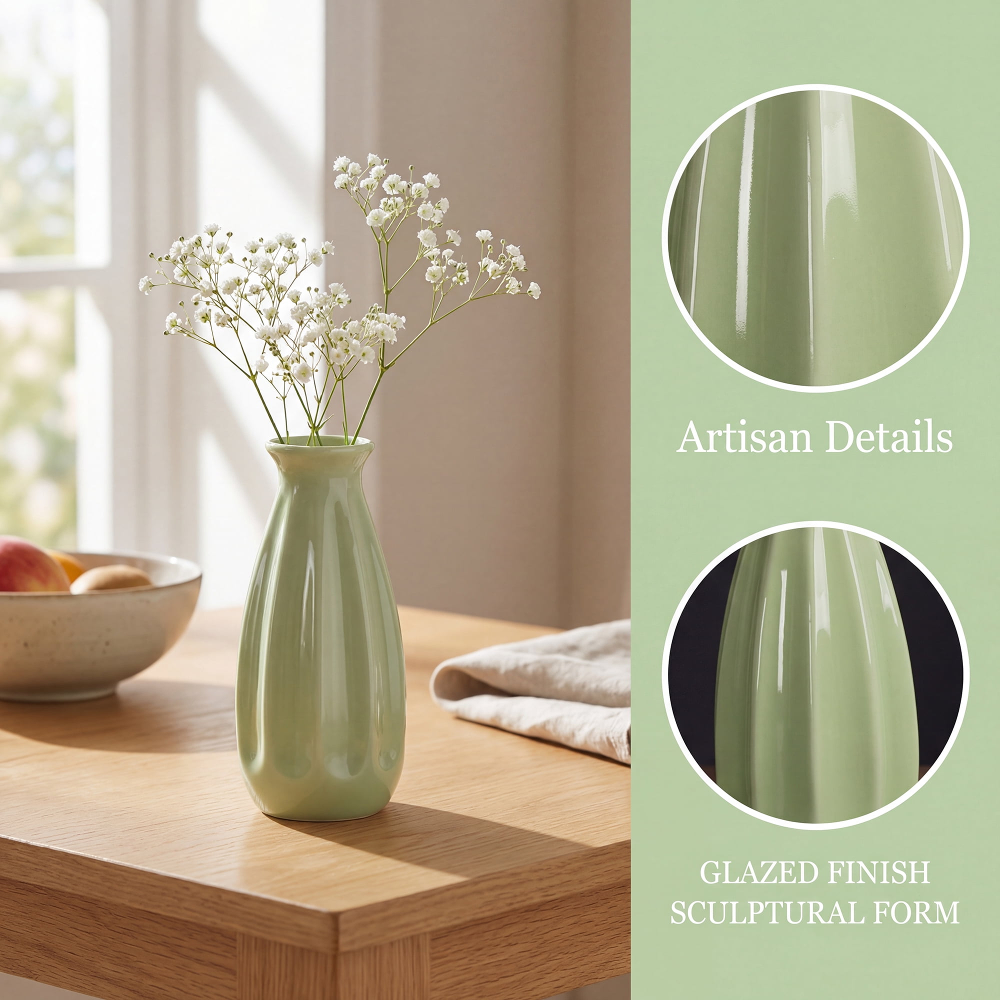 Unique Bargains Small Ceramic Matte Ribbed Flower Vase Green 2.4"L x 2.4"W x 5.1"H