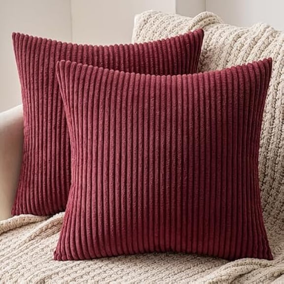 Eryueer Set of 2 Striped Corduroy Square Throw Pillow Case Soft Cushion Cover Sham Home for Sofa Chair Couch/Bedroom Decorative Fluffy Large Pillowcases 16x16 Inch 40x40cm Burgundy