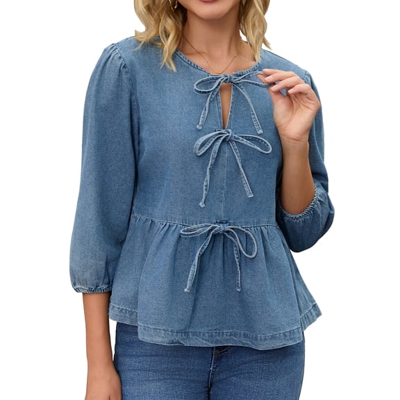 DARING DIVA Women's Denim Tie Front Puff Sleeve Ruffle Hem Peplum Blouses S Blue