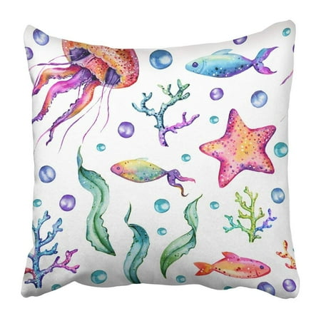 BPBOP Watercolor Marine with Illustrations of Jellyfish Water Plants Starfish Bubbles Bright and Colorful Pillowcase 18x18