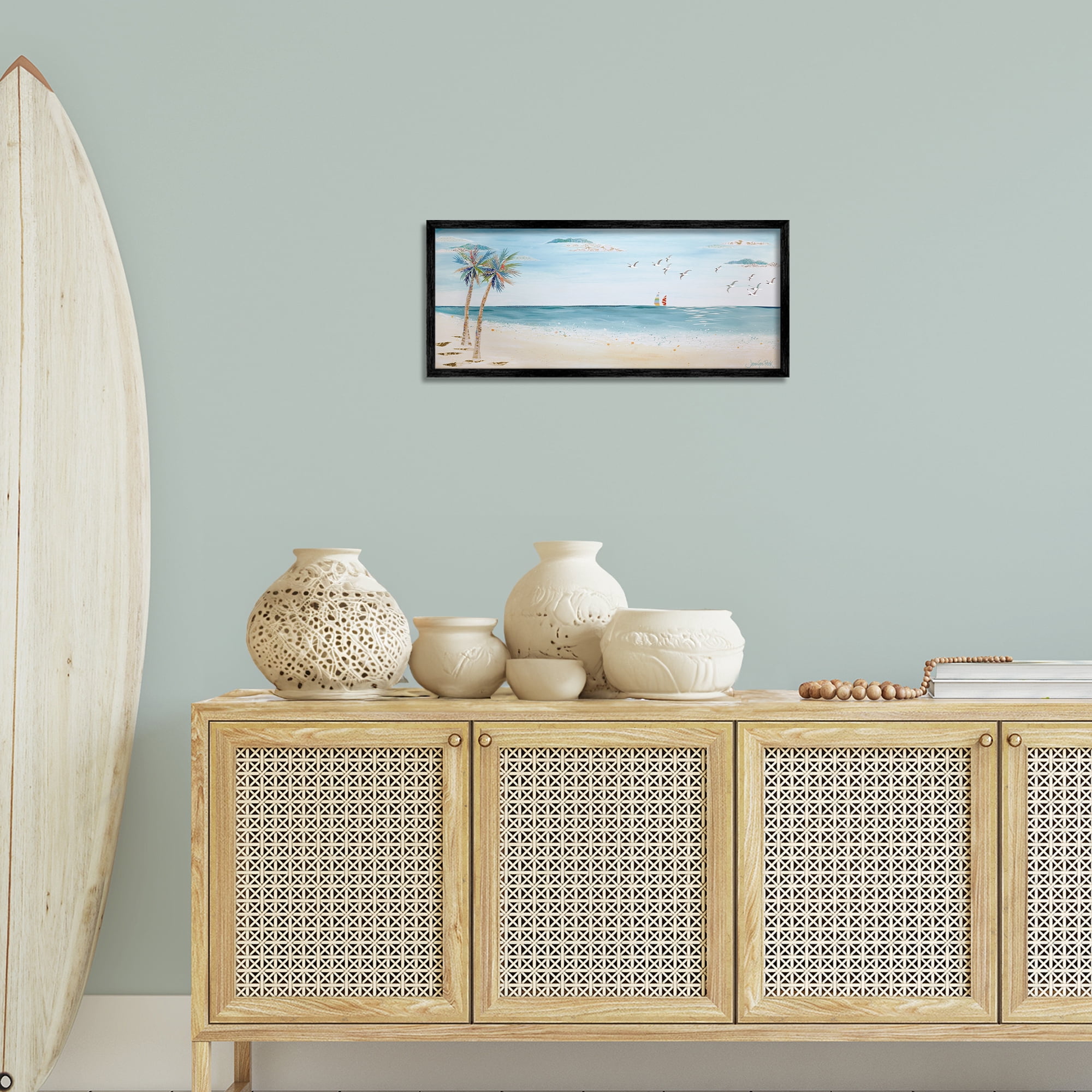 Stupell Industries Seagulls & Palm Beach Landscape Painting Black Framed Art Print Wall Art, 24 x 10