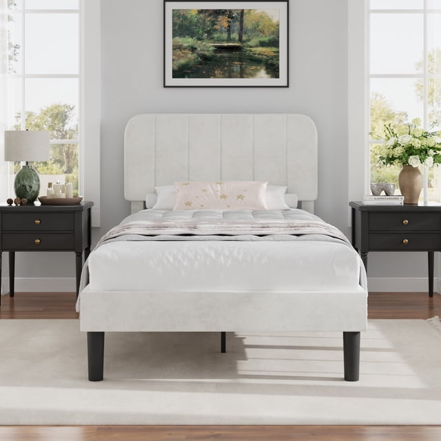 VECELO Lits Rembourrés Format Simple, Cadre de Lit Plateforme Moderne avec Tête de Lit Réglable, Lattes en Bois en Soutien/pas de Sommier Requis, Blanc