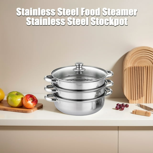 Stainless Steel 3 Tier Steamer Pot Set with Lid Food Steamer Stackable Food Steamer Space Saving Visual Lid Handle Design Multipurpose Cooking Pot
