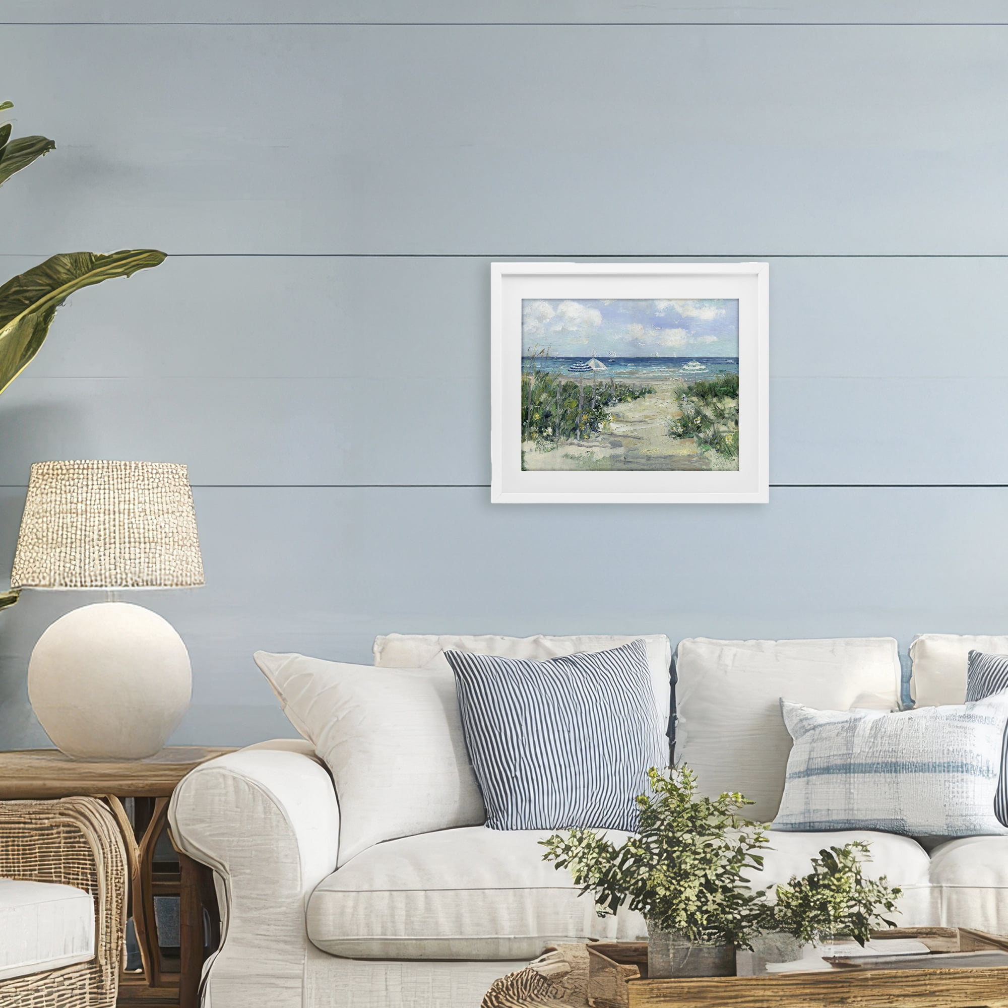 Stupell Industries Seaside Path To Striped Umbrellas White Framed Print Under Glass, design by Sally Swatland